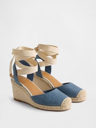 Sandale cu pană cu espadrille din denim Sandale cu pană cu espadrille din denim
