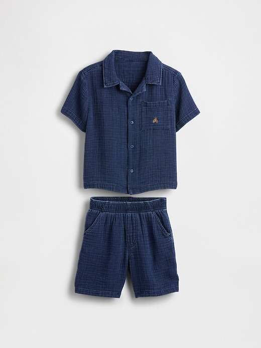 Set de ținute din denim Crinkle Gauze pentru bebeluși și copii mici Set de ținute din denim Crinkle Gauze pentru bebeluși și copii mici