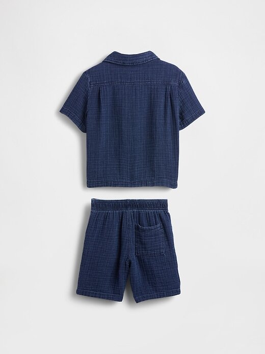 Set de ținute din denim Crinkle Gauze pentru bebeluși și copii mici Set de ținute din denim Crinkle Gauze pentru bebeluși și copii mici