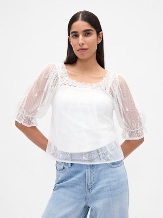 Top brodat din tul transparent