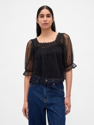 Top brodat din tul transparent
