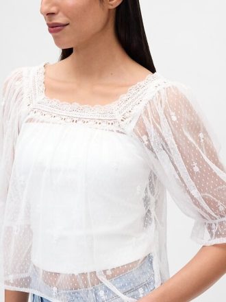 Top brodat din tul transparent