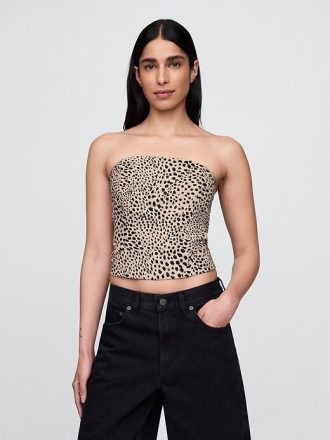 Top crop corset fără bretele din amestec de in