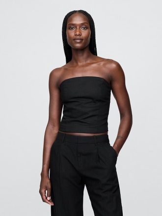 Top crop corset fără bretele din amestec de in