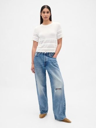 Top crop de pulover Pointelle din amestec de in