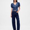 Top cusut cu mâneci bufante din denim Top cusut cu mâneci bufante din denim
