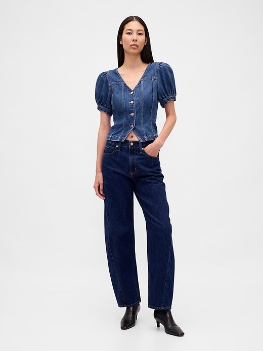 Top cusut cu mâneci bufante din denim Top cusut cu mâneci bufante din denim