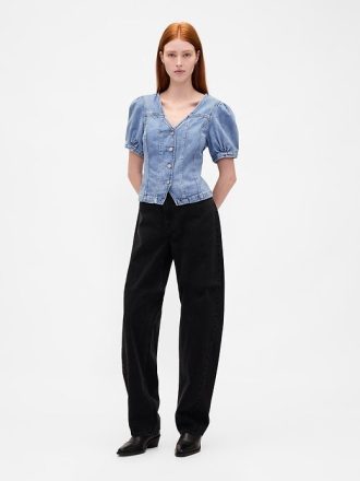 Top cusut cu mâneci bufante din denim