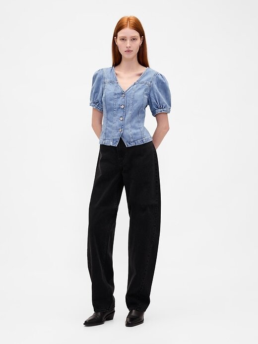 Top cusut cu mâneci bufante din denim Top cusut cu mâneci bufante din denim