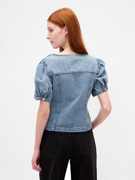 Top cusut cu mâneci bufante din denim Top cusut cu mâneci bufante din denim