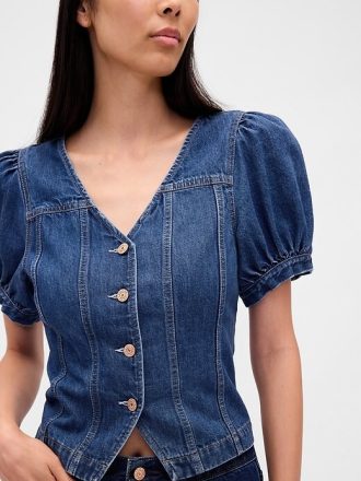 Top cusut cu mâneci bufante din denim