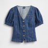 Top cusut cu mâneci bufante din denim Top cusut cu mâneci bufante din denim