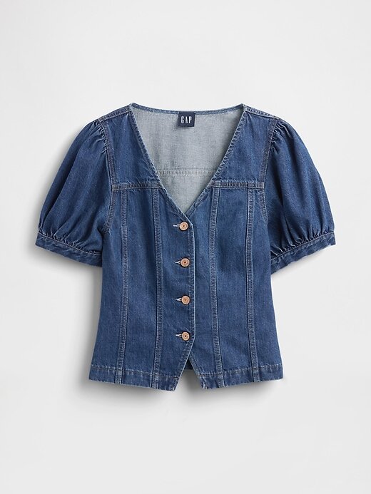 Top cusut cu mâneci bufante din denim Top cusut cu mâneci bufante din denim