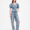 Top cusut cu mâneci bufante din denim Top cusut cu mâneci bufante din denim