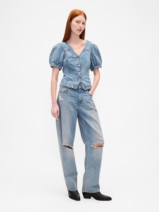 Top cusut cu mâneci bufante din denim Top cusut cu mâneci bufante din denim
