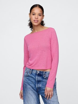 Tricou Crop Boatneck din amestec de in