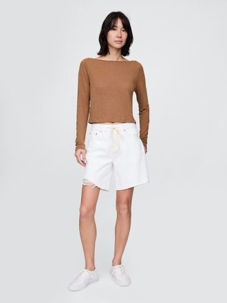 Tricou Crop Boatneck din amestec de in