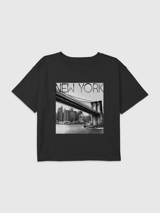 Tricou crop boxy cu grafic New York Bridge pentru copii