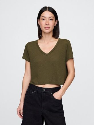 Tricou crop cu decolteu în V din amestec de in