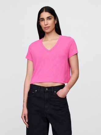 Tricou crop cu decolteu în V din amestec de in