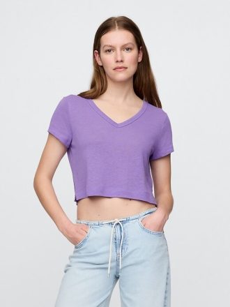 Tricou crop cu decolteu în V din amestec de in