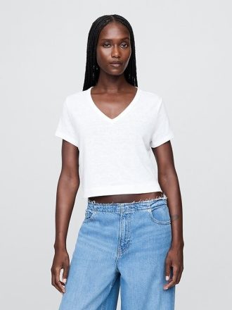 Tricou crop cu decolteu în V din amestec de in