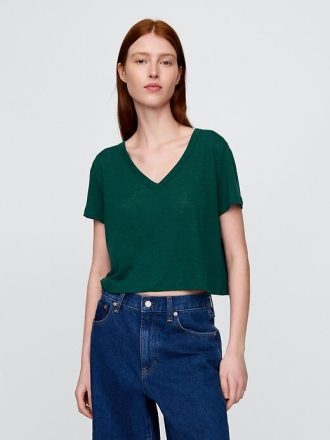 Tricou crop cu decolteu în V din amestec de in
