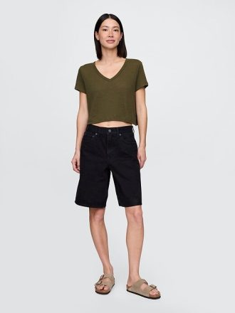Tricou crop cu decolteu în V din amestec de in