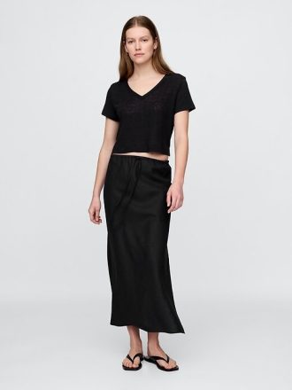 Tricou crop cu decolteu în V din amestec de in