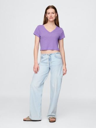 Tricou crop cu decolteu în V din amestec de in