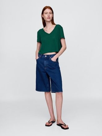 Tricou crop cu decolteu în V din amestec de in