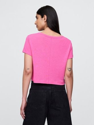 Tricou crop cu decolteu în V din amestec de in