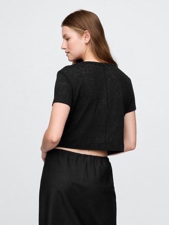 Tricou crop cu decolteu în V din amestec de in