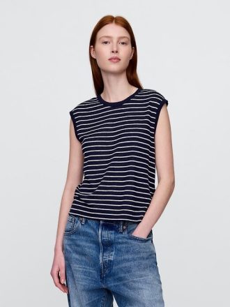 Tricou cu decolteu crewneck din amestec de in