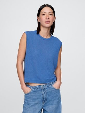 Tricou cu decolteu crewneck din amestec de in
