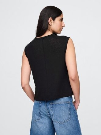 Tricou cu decolteu crewneck din amestec de in