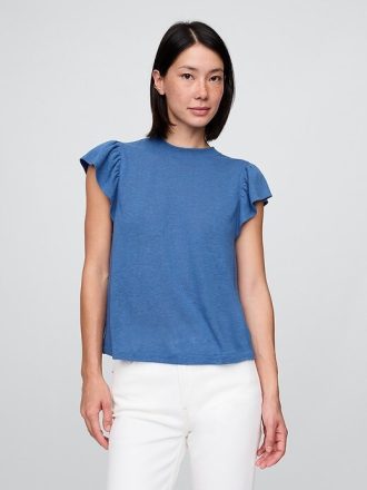 Tricou cu mâneci fluturate din amestec de in