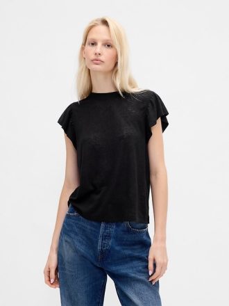 Tricou cu mâneci fluturate din amestec de in