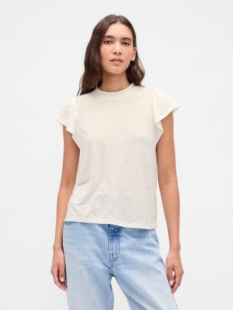 Tricou cu mâneci fluturate din amestec de in