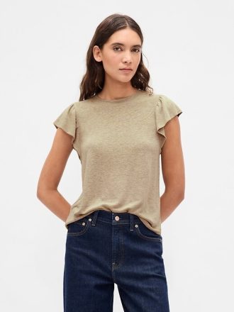 Tricou cu mâneci fluturate din amestec de in
