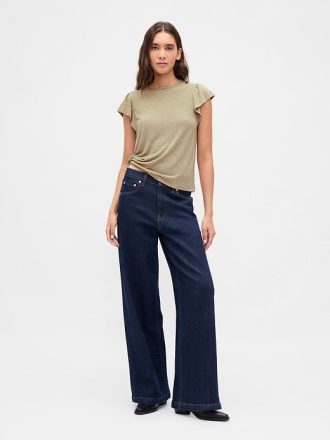 Tricou cu mâneci fluturate din amestec de in