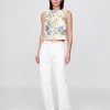 Tricou din denim cu ochiuri florale
